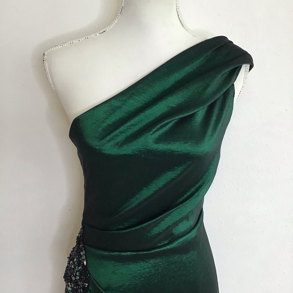 XSCAPE by Joanna Chen Women Elegant Dark Emerald Green One Shoulder Dress Sz 10 - Picture 5 of 14